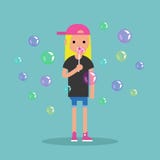Young female character blowing soap bubbles / flat editable vector illustration, clip art royalty free illustration Young female character blowing soap bubbles / flat editable vector illustration, clip art royalty free illustration