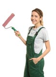 Young female decorator with paint roller on white background royalty free stock photos Young female decorator with paint roller on white background royalty free stock photos
