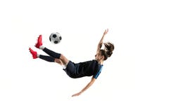 Female soccer player kicking ball isolated over white background royalty free stock photography Female soccer player kicking ball isolated over white background royalty free stock photography