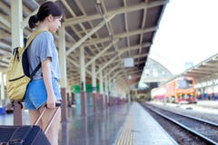 Young girl asian backpack traveler waiting royalty free stock photography Young girl asian backpack traveler waiting royalty free stock photography