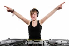 Young Girl DJ Posing At The Turntables Stock Photo
