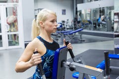 A young girl is engaged in the gym to maintain health and slimness. The girl is targeted on the ideal figure of the body stock photo A young girl is engaged in the gym to maintain health and slimness. The girl is targeted on the ideal figure of the body stock photo