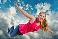 Young girl is flying and laughing high in clouds Royalty Free Stock Photo Young girl is flying and laughing high in clouds Royalty Free Stock Photo