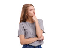 Young girl, with a pensive look looks away. Isolated on white. stock photos Young girl, with a pensive look looks away. Isolated on white. stock photos