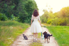 Young girl walking with dog and cat stock images Young girl walking with dog and cat stock images
