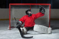 Young goalkeeper catching a puck stock image Young goalkeeper catching a puck stock image