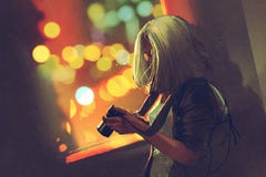 Young grey haired woman holding a camera near the window on the night city stock illustration Young grey haired woman holding a camera near the window on the night city stock illustration