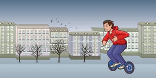 Young guy in red hoody riding hoverboard on autumn city background. Flat line vector illustration. Isolated on white stock illustration Young guy in red hoody riding hoverboard on autumn city background. Flat line vector illustration. Isolated on white stock illustration