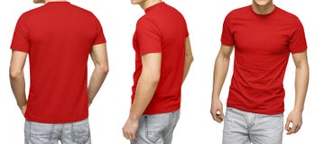Male in blank red t-shirt, front and back view, isolated white background. Design men tshirt template and mockup for print Royalty Free Stock Photography Male in blank red t-shirt, front and back view, isolated white background. Design men tshirt template and mockup for print Royalty Free Stock Photography