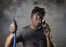 Young Man Calling For Help After Accident With Dirty Burnt Face In Funny Sad Expression Royalty Free Stock Photos Young Man Calling For Help After Accident With Dirty Burnt Face In Funny Sad Expression Royalty Free Stock Photos