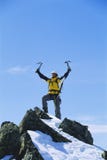 Young man celebrating reaching the top of mountain