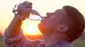 Young man drinking clear water from a plastic bottle in nature at wheat field. Man having water break at sunset outdoors stock video Young man drinking clear water from a plastic bottle in nature at wheat field. Man having water break at sunset outdoors stock video