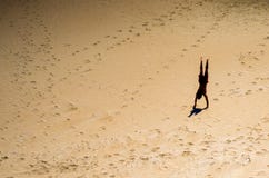 Young man performing a handstand on the sand stock images Young man performing a handstand on the sand stock images