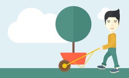 Young man pushing the cart with tree vector illustration Young man pushing the cart with tree vector illustration