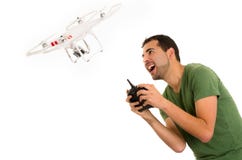 Young man with quadcopter drone