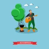 Young man singing and playing guitar near campfire, vector illustration vector illustration Young man singing and playing guitar near campfire, vector illustration vector illustration