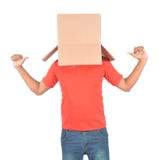 Young man standing and gesturing with a cardboard box on his head in uniform stock photos Young man standing and gesturing with a cardboard box on his head in uniform stock photos