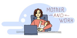 Young mother sitting at the table holds the baby in her arms and works on a laptop royalty free illustration Young mother sitting at the table holds the baby in her arms and works on a laptop royalty free illustration