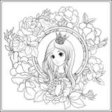 Young nice girl in princess crown in the garden of roses. Outlin stock illustration Young nice girl in princess crown in the garden of roses. Outlin stock illustration
