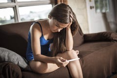 Young pregnant woman unhappy with the test that he wants to have an abortion