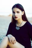 Young Pretty Brunette Girl With Long Hair Waiting Alone On Sand At Seacoast, Lifestyle People Concept Stock Photos Young Pretty Brunette Girl With Long Hair Waiting Alone On Sand At Seacoast, Lifestyle People Concept Stock Photos