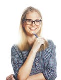Young Pretty Student Modern Blond Girl In Glasses Posing Emotion Royalty Free Stock Images