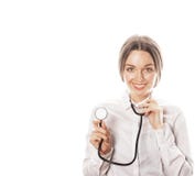 Young Pretty Woman Doctor With Stethoscope On White Background Royalty Free Stock Photography Young Pretty Woman Doctor With Stethoscope On White Background Royalty Free Stock Photography