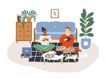 Young romantic couple sitting on floor, drinking tea and eating cookies in evening. Man and woman spending time together vector illustration Young romantic couple sitting on floor, drinking tea and eating cookies in evening. Man and woman spending time together vector illustration