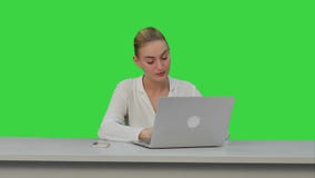 Young secretary tired at work place, yawn on a Green Screen, Chroma Key. stock video Young secretary tired at work place, yawn on a Green Screen, Chroma Key. stock video