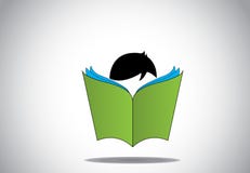 Young smart boy kid reading 3d green open book edu