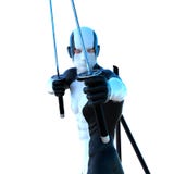 A young strong man in white and black super suit. A young strong man in a white and black super suit. He is holding two swords to attack. Close to the camera Royalty Free Stock Photography A young strong man in white and black super suit. A young strong man in a white and black super suit. He is holding two swords to attack. Close to the camera Royalty Free Stock Photography