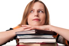 Young Student Girl With Head On Top Of Books Pile Royalty Free Stock Images Young Student Girl With Head On Top Of Books Pile Royalty Free Stock Images