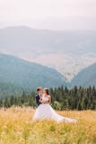 Young wedding couple posing on sunny field with forest hills background stock photography Young wedding couple posing on sunny field with forest hills background stock photography