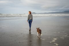 Young Woman And Her Dog Walking On A California Beach Stock Image