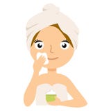 Woman putting on cream on her face, isolated on white. The pursuit of beauty vector illustration Woman putting on cream on her face, isolated on white. The pursuit of beauty vector illustration
