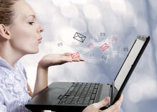 Young woman with computer. Blogger royalty free stock images Young woman with computer. Blogger royalty free stock images