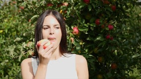 Young woman dressed in a white dress turning around and posing at the camera in front of the sun in the Apple-tree stock video Young woman dressed in a white dress turning around and posing at the camera in front of the sun in the Apple-tree stock video