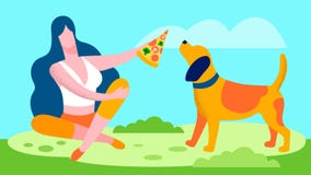 Young Woman Giving Pizza to Dog Flat Illustration stock illustration Young Woman Giving Pizza to Dog Flat Illustration stock illustration