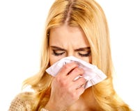 Young woman with handkerchief having cold. Stock Image Young woman with handkerchief having cold. Stock Image