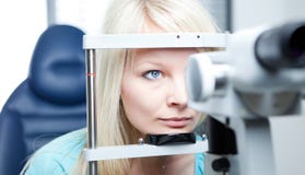 Young woman having her eyes examined