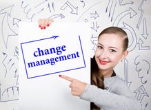 Young woman holding whiteboard with writing word: change management. Technology, internet, business and marketing. royalty free stock photos Young woman holding whiteboard with writing word: change management. Technology, internet, business and marketing. royalty free stock photos