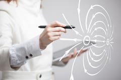 Young Woman, Physics Teacher Draws A Diagram Of The Electric Field Royalty Free Stock Image