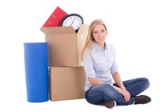 Young woman ready for moving day isolated on white royalty free stock photos Young woman ready for moving day isolated on white royalty free stock photos