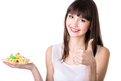 Young woman recommending cakes royalty free stock images Young woman recommending cakes royalty free stock images