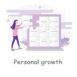 Young woman selecting puzzle pieces with text to fit onto the wall in a Personal Growth jigsaw puzzle vector illustration Young woman selecting puzzle pieces with text to fit onto the wall in a Personal Growth jigsaw puzzle vector illustration