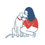 Young woman squatted down, hugs and kisses her dog. Funny girl embracing her domestic animal. Happy female cartoon stock illustration Young woman squatted down, hugs and kisses her dog. Funny girl embracing her domestic animal. Happy female cartoon stock illustration