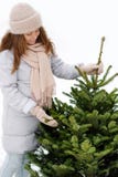 Young woman in winter holds a fresh Christmas tree. royalty free stock photos Young woman in winter holds a fresh Christmas tree. royalty free stock photos