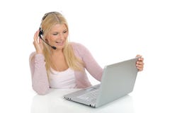 Young Woman With Microphone And Computer Royalty Free Stock Photos