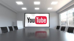 YouTube logo na ekranie w pokoju konferencyjnym Redakcyjna 3D animacja royalty ilustracja YouTube logo na ekranie w pokoju konferencyjnym Redakcyjna 3D animacja royalty ilustracja