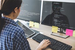 Yrkesmässig programmerare som arbetar på framkallande programmera, och websiten som arbetar i en programvara, framkallar företags royaltyfri bild Yrkesmässig programmerare som arbetar på framkallande programmera, och websiten som arbetar i en programvara, framkallar företags royaltyfri bild